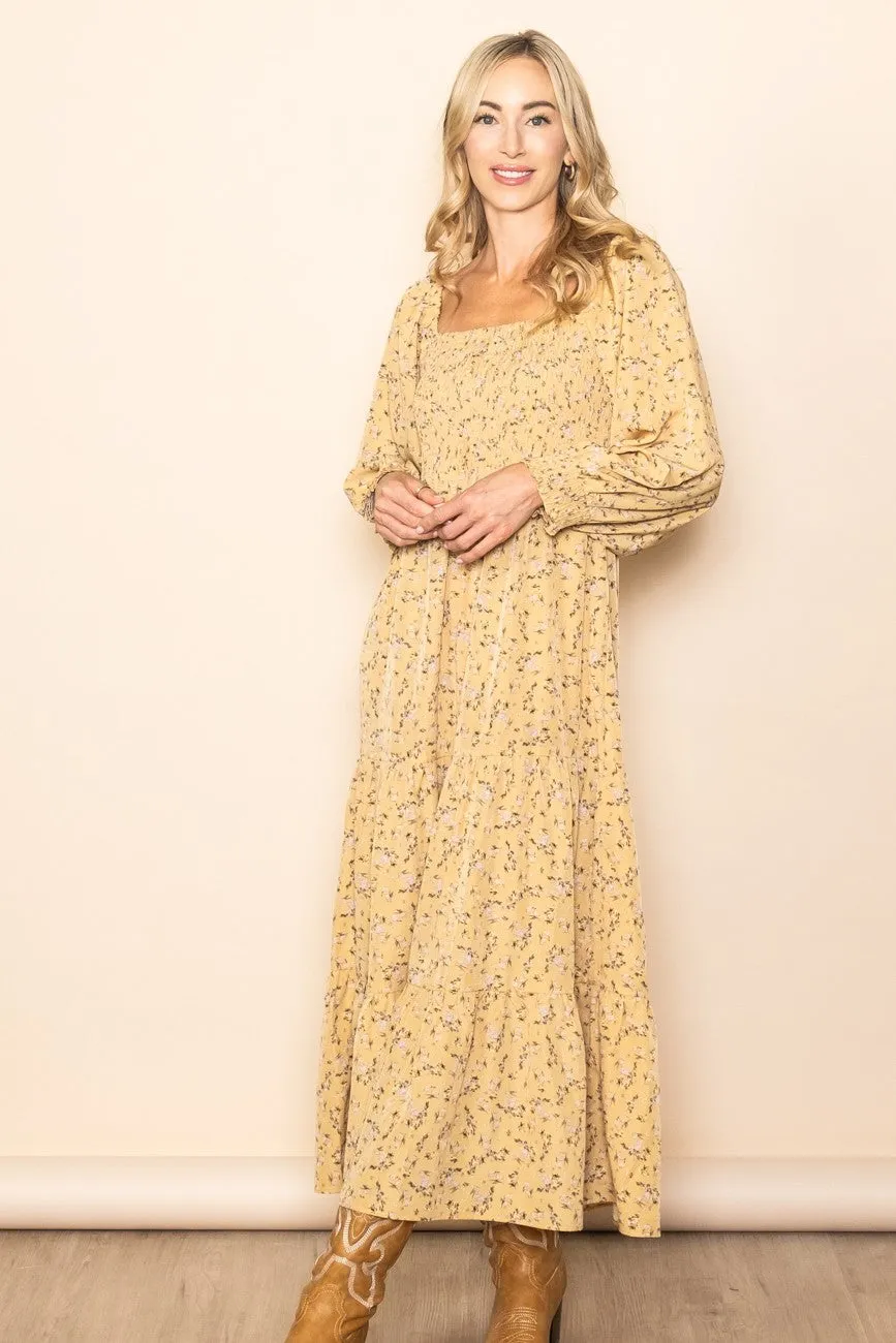 Yellow Floral Smocked Long Sleeve Maxi Dress